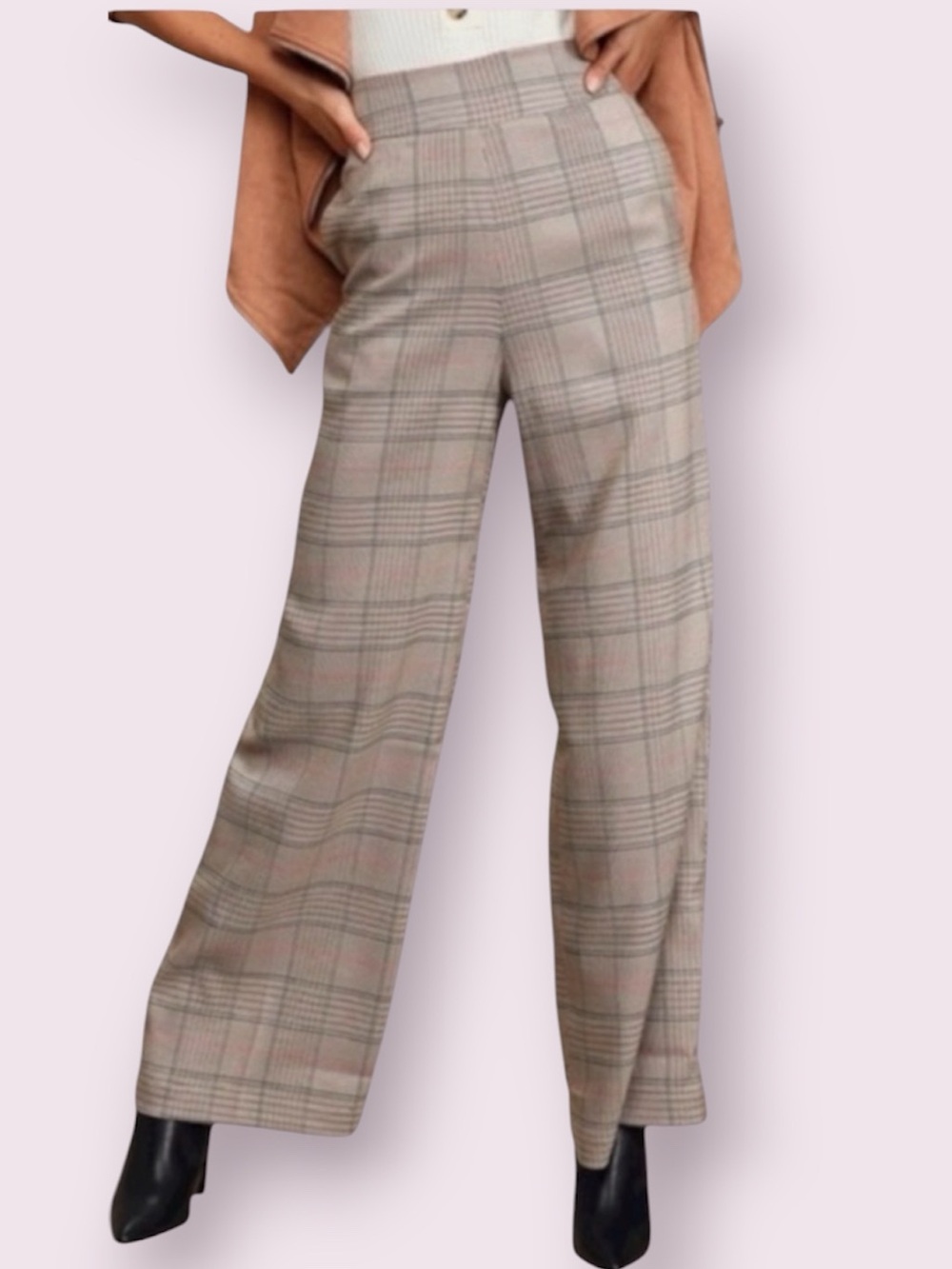 Lulus Talking Point Camel Multi Plaid Wide-Leg High Waist Pants Size XS